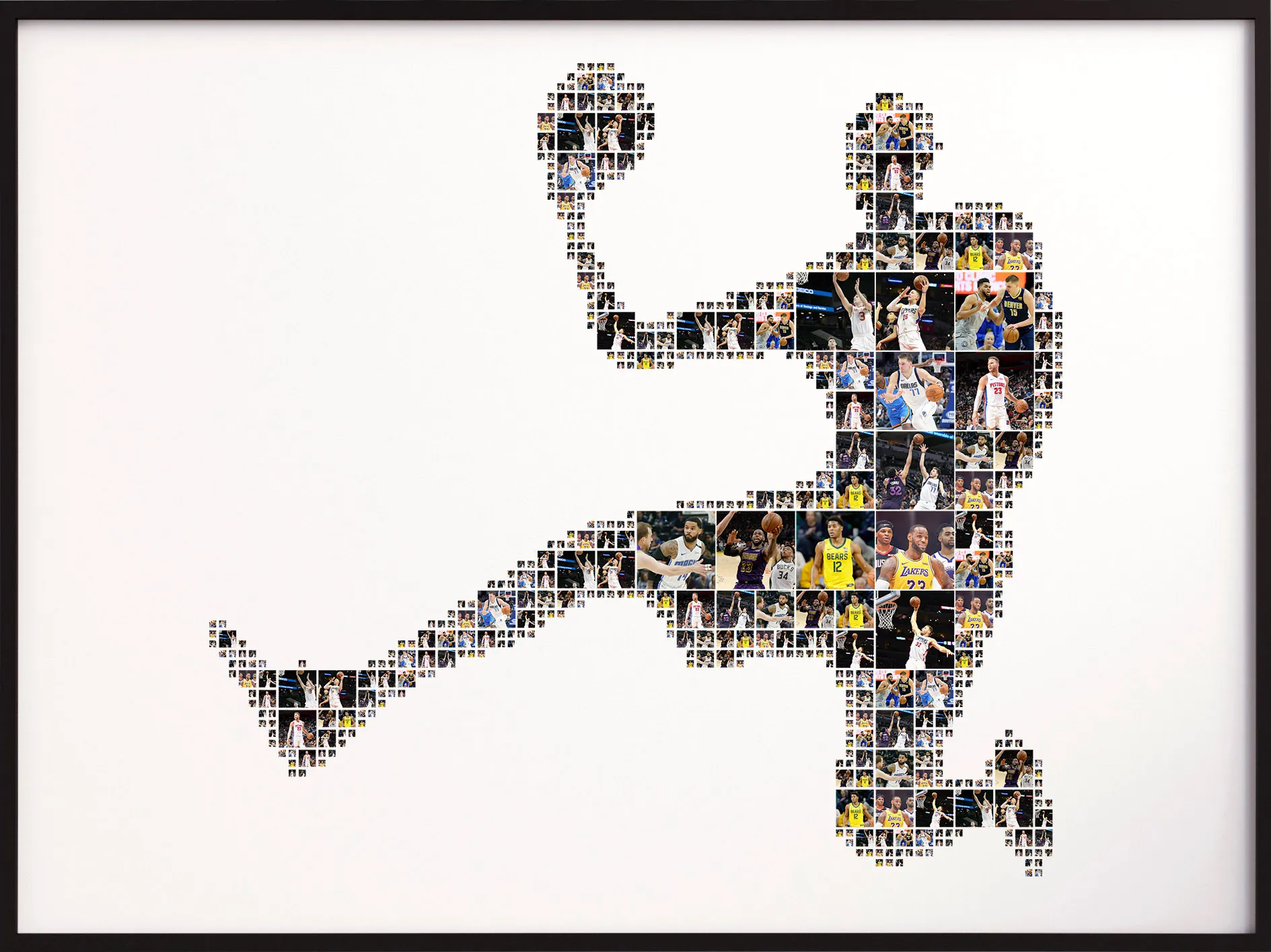 A shape collage of a basketball player dunking, made from sports photos.
