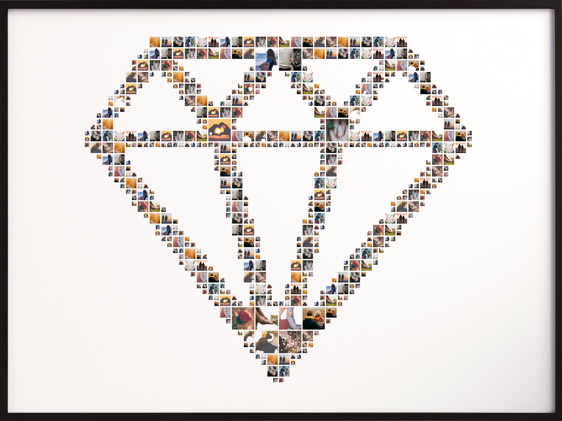 A diamond shape photo collage symbolizing precious memories or an engagement.