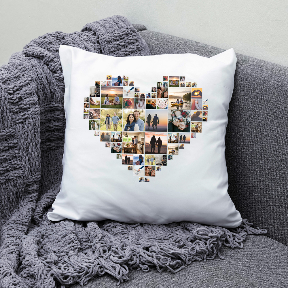 Personalized pillow with heart-shaped collage of family photos