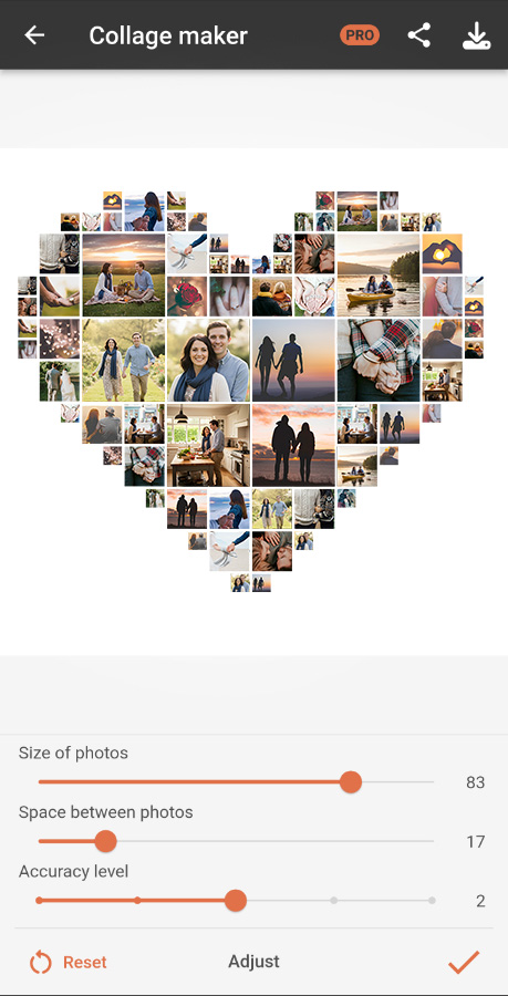 Customizing and rearranging photos in a heart-shaped collage