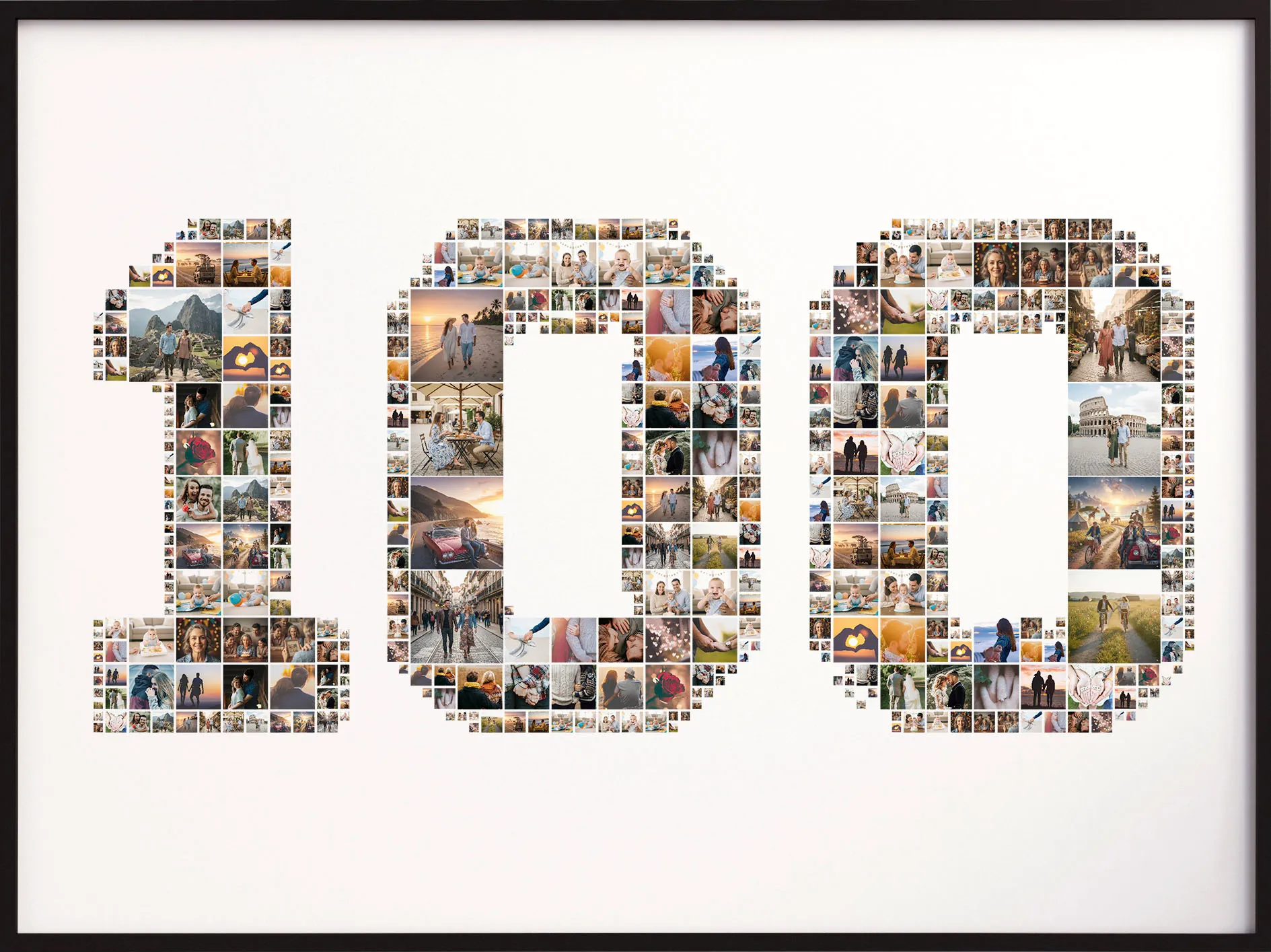 A number 100 photo collage in a frame, perfect for a centennial celebration or 100th birthday.