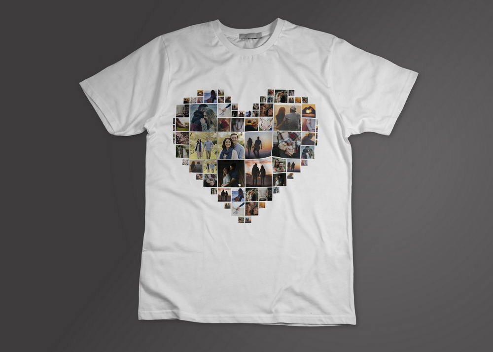 Heart-shaped photo collage printed on a white T-shirt