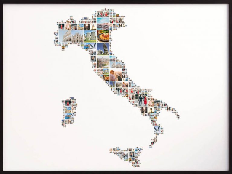 Italy collage with many photos forming the shape of Italy map